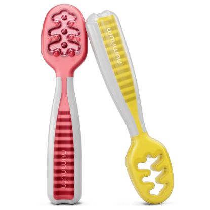 Picture of NumNum Baby Spoons Set, Baby Essentials Pre-Spoon GOOtensils for 6+ Months, First Stage Self-Feeding Spoons for Baby Led Weaning (BLW), Silicone Toddler Utensils, BPA-Free, 2 Pack Red/Yellow