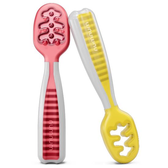 Picture of NumNum Baby Spoons Set, Baby Essentials Pre-Spoon GOOtensils for 6+ Months, First Stage Self-Feeding Spoons for Baby Led Weaning (BLW), Silicone Toddler Utensils, BPA-Free, 2 Pack Red/Yellow