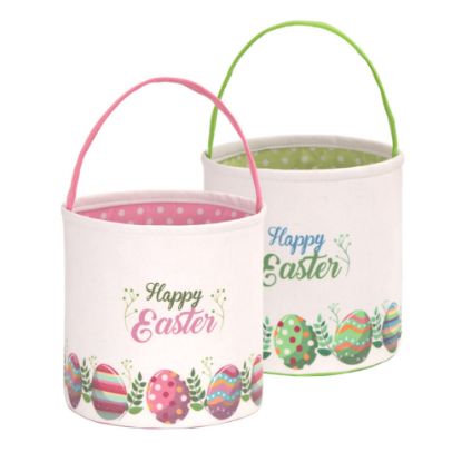 Picture of LessMo 2 Pcs Easter Bunny Basket Egg Buckets Gifts Tote Bags, Canvas Cotton Pink Green Cute Personalized Egg Hunt Basket Stuffers for Easter Party