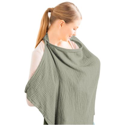 Picture of Konssy Muslin Nursing Cover for Baby Breastfeeding, Breathable 100% Cotton Breastfeeding Cover with Rigid Hoop for Mother Nursing Apron, Multi-use Carseat Canopy (Fog Green)