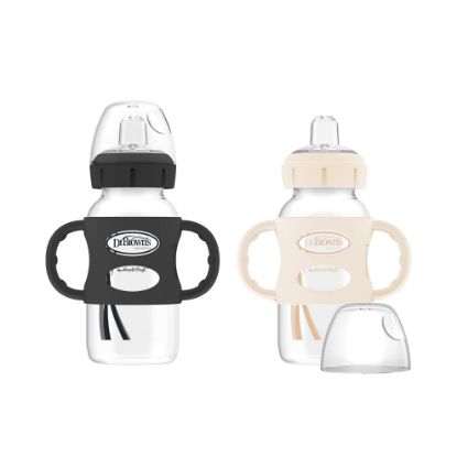 Picture of Dr. Brown's Milestones Wide-Neck Sippy Spout Bottle with 100% Silicone Handles, Easy-Grip Handles with Soft Sippy Spout, 9oz/270mL, Black & Ecru, 2-Pack, 6m+