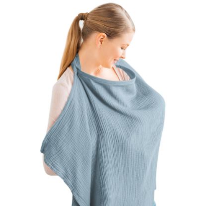 Picture of Konssy Muslin Nursing Cover for Baby Breastfeeding, Breathable 100% Cotton Breastfeeding Cover with Rigid Hoop for Mother Nursing Apron, Multi-use Carseat Canopy (Blue)
