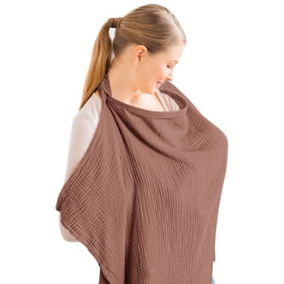 Picture of Konssy Muslin Nursing Cover for Baby Breastfeeding, Breathable 100% Cotton Breastfeeding Cover with Rigid Hoop for Mother Nursing Apron, Multi-use Carseat Canopy (Chestnut)