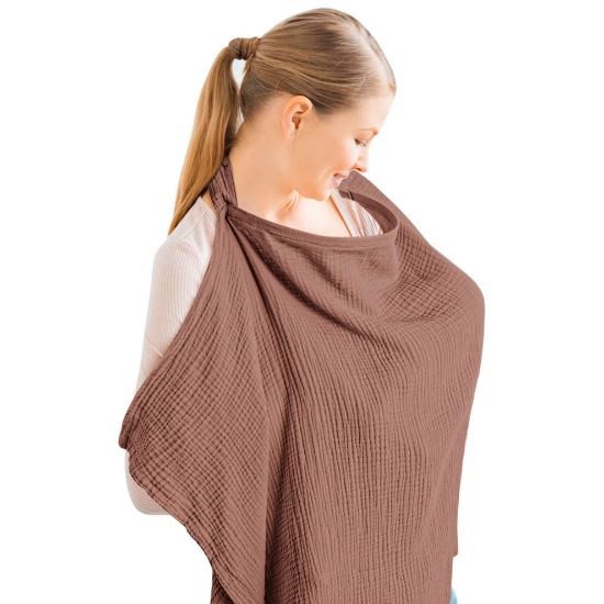 Picture of Konssy Muslin Nursing Cover for Baby Breastfeeding, Breathable 100% Cotton Breastfeeding Cover with Rigid Hoop for Mother Nursing Apron, Multi-use Carseat Canopy (Chestnut)