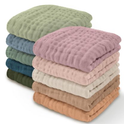 Picture of Comfy Cubs Muslin Baby Washcloths 10 Pack - Soft 6-Layer Cotton Wash Cloths for Sensitive Skin - 10"x10" Large, Gentle, Absorbent Infant Essentials for Newborn and Toddlers - (Multicolor)