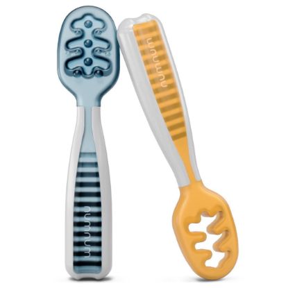 Picture of NumNum Baby Spoons Set, Baby Essentials Pre-Spoon GOOtensils for 6+ Months, First Stage Self-Feeding Spoons for Baby Led Weaning (BLW), Silicone Toddler Utensils, BPA-Free, 2 Pack Blue/Orange