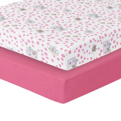 Picture of Precious Moments Noah’s Ark Fitted Crib Sheet 2 Pack for Baby Girl by Everyday Kids; 1 Animals on the Ark Printed Crib Sheet and 1 Solid Bright Pink; Adorable Wildlife Elephants, Giraffes, Bears Print