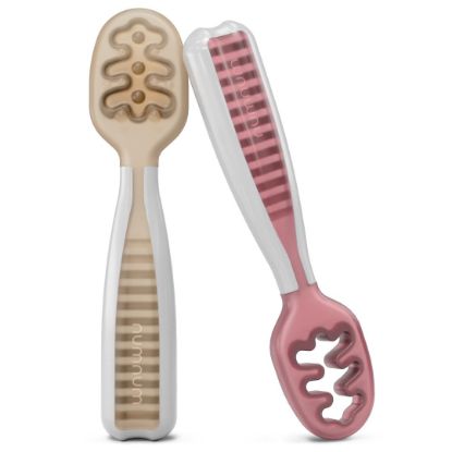 Picture of NumNum Baby Spoons Set, Baby Essentials Pre-Spoon GOOtensils for 6+ Months, First Stage Self-Feeding Spoons for Baby Led Weaning (BLW), Silicone Toddler Utensils, BPA-Free, 2 Pack Beige/Mauve
