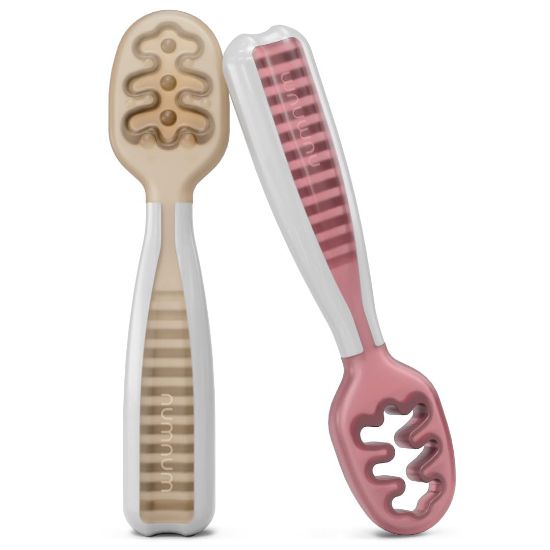 Picture of NumNum Baby Spoons Set, Baby Essentials Pre-Spoon GOOtensils for 6+ Months, First Stage Self-Feeding Spoons for Baby Led Weaning (BLW), Silicone Toddler Utensils, BPA-Free, 2 Pack Beige/Mauve
