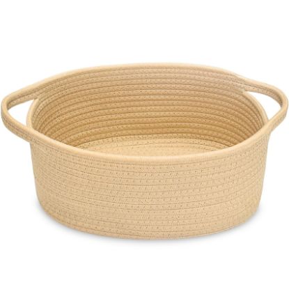Picture of ABenkle Small Basket, 12"x 8" x 5" Cute Small Woven Basket, Rope Room Shelf Storage Basket, Cat Dog Toys Basket Chest Box, Decorative Empty Gift Basket with Handles - All Khaki