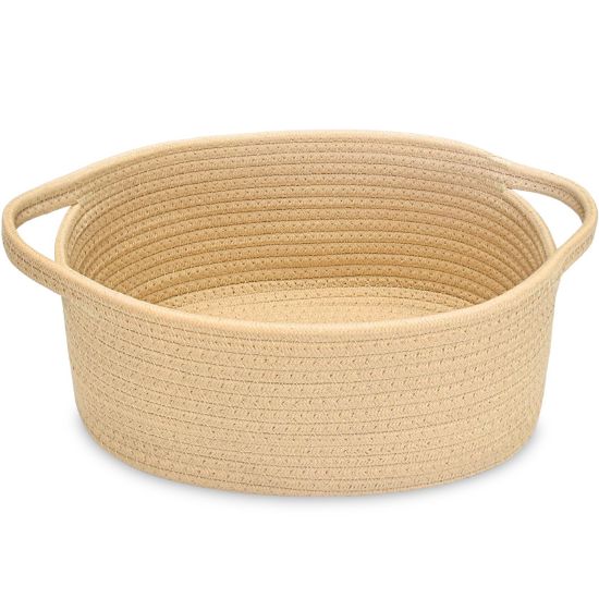 Picture of ABenkle Small Basket, 12"x 8" x 5" Cute Small Woven Basket, Rope Room Shelf Storage Basket, Cat Dog Toys Basket Chest Box, Decorative Empty Gift Basket with Handles - All Khaki