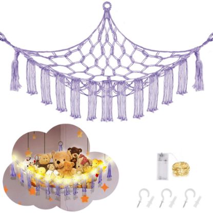 Picture of CERETIA Stuffed Animal Hammock with LED Light, Jumbo Toy Hammock for Stuffed Animals Storage for Kids Room Decor, Stuffed Animal Hammock Corner, Purple
