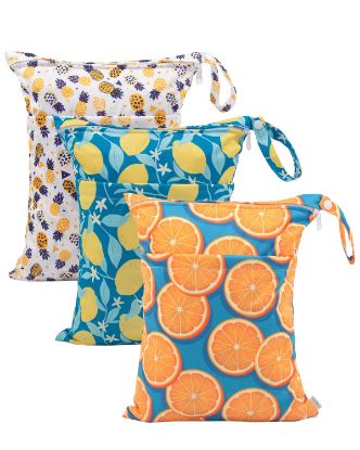 Picture of babygoal Wet Dry Bags for Baby Cloth Diapers, Washable Travel Bags, Beach, Pool, Gym Bag for Swimsuits & Wet Clothes with Two Zippered Pockets 3 Pack, 3LN22