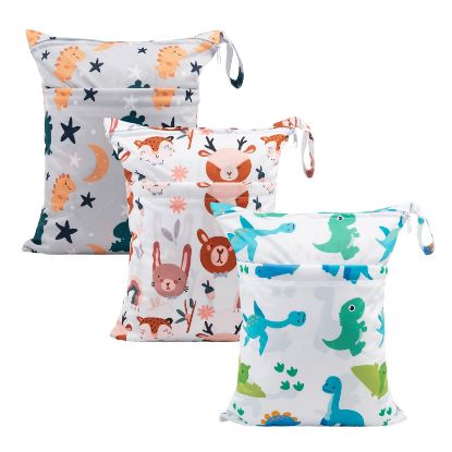 Picture of babygoal Wet Dry Bags for Baby Cloth Diapers, Washable Travel Bags, Beach, Pool, Gym Bag for Swimsuits & Wet Clothes with Two Zippered Pockets 3 Pack, 3LN23