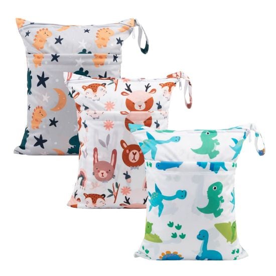 Picture of babygoal Wet Dry Bags for Baby Cloth Diapers, Washable Travel Bags, Beach, Pool, Gym Bag for Swimsuits & Wet Clothes with Two Zippered Pockets 3 Pack, 3LN23
