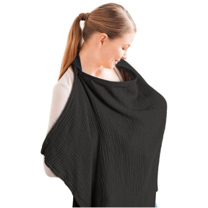 Picture of Konssy Muslin Nursing Cover for Baby Breastfeeding, Breathable 100% Cotton Breastfeeding Cover with Rigid Hoop for Mother Nursing Apron, Multi-use Carseat Canopy (Black)