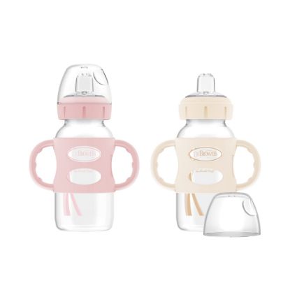 Picture of Dr. Brown's Milestones Wide-Neck Sippy Spout Bottle with 100% Silicone Handles, Easy-Grip Handles with Soft Sippy Spout, 9oz/270mL, Light-Pink & Ecru, 2-Pack, 6m+