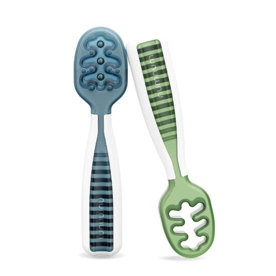 Picture of NumNum Baby Spoons Set, Baby Essentials Pre-Spoon GOOtensils for 6+ Months, First Stage Self-Feeding Spoons for Baby Led Weaning (BLW), Silicone Toddler Utensils, BPA-Free, 2 Pack Blue/Green