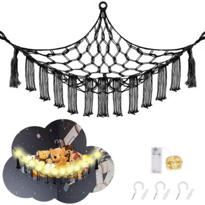 Picture of CERETIA Stuffed Animal Hammock with LED Light, Jumbo Toy Hammock for Stuffed Animals Storage for Kids Room Decor, Stuffed Animal Hammock Corner, Black