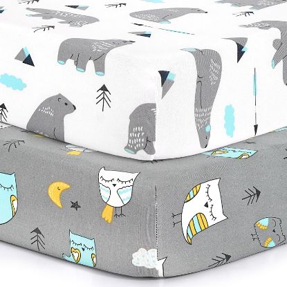 Picture of Pack n Play Sheets, BROLEX 2 Pack Mini Crib Sheets,Stretchy Portable Fitted Playard Sheet Set, Convertible Playard Mattress Cover,Ultra Soft Breathable Material,Owl & Bear