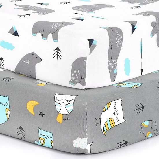 Picture of Pack n Play Sheets, BROLEX 2 Pack Mini Crib Sheets,Stretchy Portable Fitted Playard Sheet Set, Convertible Playard Mattress Cover,Ultra Soft Breathable Material,Owl & Bear