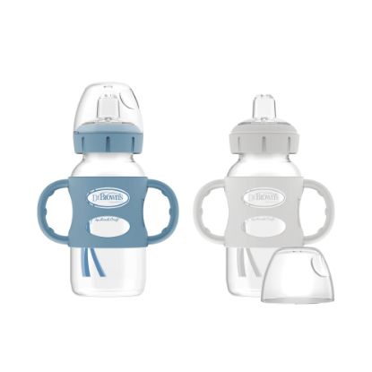 Picture of Dr. Brown's Milestones Wide-Neck Sippy Spout Bottle with 100% Silicone Handles, Easy-Grip Handles with Soft Sippy Spout, 9oz/270mL, Light-Blue & Gray, 2-Pack, 6m+