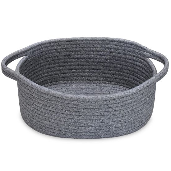 Picture of ABenkle Small Basket, 12"x 8" x 5" Cute Small Woven Basket, Rope Room Shelf Storage Basket, Cat Dog Toys Basket Chest Box, Decorative Empty Gift Basket with Handles - Deep Grey