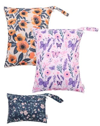 Picture of ALVABABY 3 Cloth Diaper Wet Dry Bags Waterproof Reusable with Two Zippered Pockets Travel Beach Pool Daycare Soiled Baby Items Yoga Gym Bag for Swimsuits or Wet Clothes Small medium Large 3L-SML08