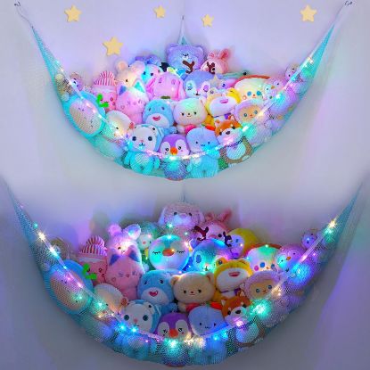 Picture of Unicorn Castle Stuffed Animals Net or Hammock Kids Toy Storage Organizer with LED Light Hanging Corner Stuffed Animals Holder Kids Girls Room Decor(Pack of 2)