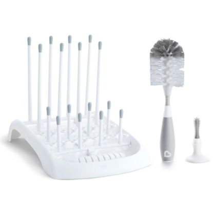Picture of Munchkin Fold Baby Bottle Drying Rack and Bristle Bottle Brush Cleaning Essentials Set, White/Grey