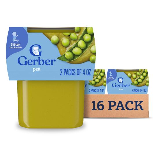 Picture of Gerber Stage 2 Baby Food Peas, Baby Peas Puree Tub, No Added Salt, No Artificial Colors or Flavors, Baby Puree, Baby Food Vegetables, 16-Pack