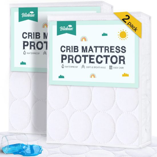 Picture of Crib Mattress Protector Sheets Waterproof 2 Pack, Quilted Crib Mattress Pad Cover Fitted Fits for Toddler Bed Mattress, White, 52” x 28”