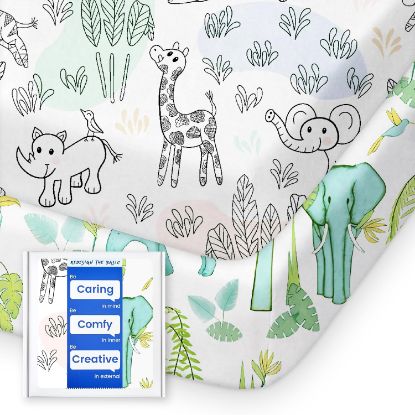Picture of TotBasic Mini Crib Sheets Boy Girl, Ultra Soft Pack N Play Sheets Fitted, Neutral Pack and Play Mattress Sheets, Premium Jersey Knit Portable Crib Sheets, Secure and Cute, Elephant & Cartoon Safari