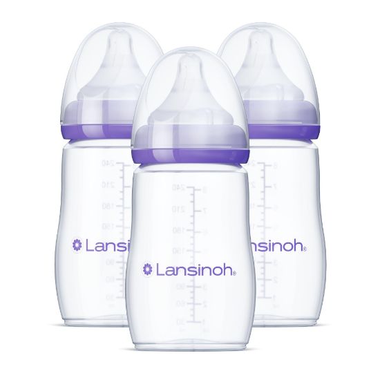 Picture of Lansinoh Anti-Colic Baby Bottles for Breastfeeding Babies, 8 Ounces, 3 Count, Includes 3 Medium Flow Nipples, Size M