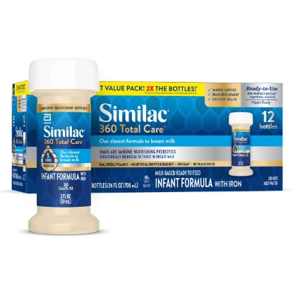 Picture of Similac 360 Total Care Infant Formula, Has 5 HMO Prebiotics, Our Closest Prebiotic Blend to Breast Milk, Non-GMO,‡ Baby Formula, Ready to Feed, 2-fl-oz Bottle, Pack of 12