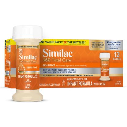 Picture of Similac 360 Total Care Sensitive Infant Formula for Fussiness & Gas Due to Lactose Sensitivity, Has 5 HMO Prebiotics, Non-GMO, Baby Formula, Ready to Feed, 2-fl-oz Bottle, Pack of 12
