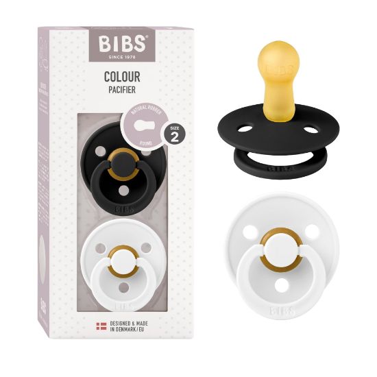 Picture of BIBS Pacifiers Colour Collection | Natural Rubber Baby Pacifier | Set of 2 BPA-Free Soothers | Made in Denmark | 6+ Months (Pack of 2) | Black/White