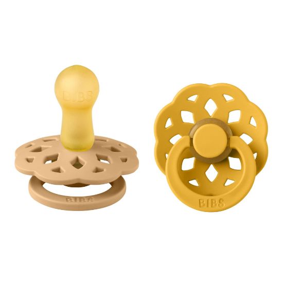 Picture of BIBS Boheme Pacifiers 2 Pack BPA Free Cherry Shape Nipple Size 2 (6-18 Months) Desert Sand/Honey Bee