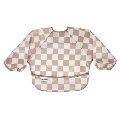 Picture of Tiny Twinkle Mess Proof Baby Bib|Waterproof Smock Bib for Eating,Machine Washable Full Sleeve with Pocket(Checkers Brown, Small 6-24 Months)