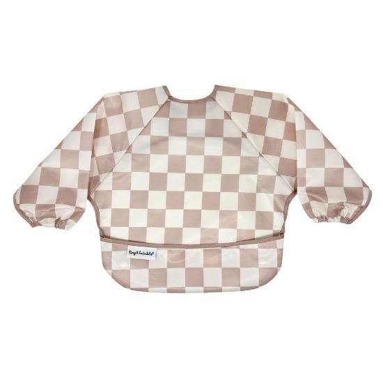 Picture of Tiny Twinkle Mess Proof Baby Bib|Waterproof Smock Bib for Eating,Machine Washable Full Sleeve with Pocket(Checkers Brown, Small 6-24 Months)