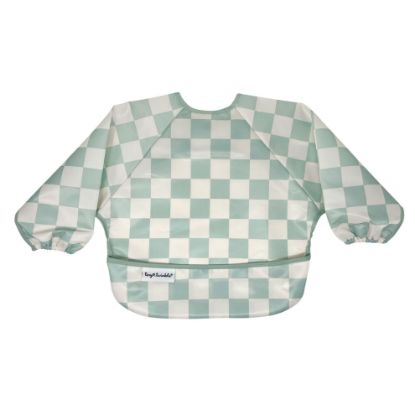 Picture of Tiny Twinkle Mess Proof Baby Bib|Waterproof Smock Bib for Eating,Machine Washable Full Sleeve with Pocket(Checkers Sage, Small 6-24 Months)