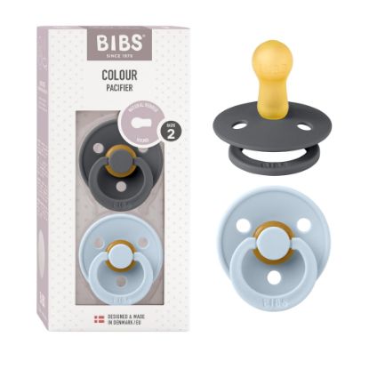 Picture of BIBS Pacifiers Colour Collection | Natural Rubber Baby Pacifier | Round Nipple | Set of 2 BPA-Free Soothers | Made in Denmark | 6+ Months (Pack of 2) | Baby Blue/Iron