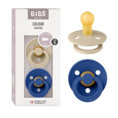 Picture of BIBS Pacifiers Colour Collection | Natural Rubber Baby Pacifier | Round Nipple | Set of 2 BPA-Free Soothers | Made in Denmark | 0+ Months (Pack of 2) | Vanilla/Cornflower