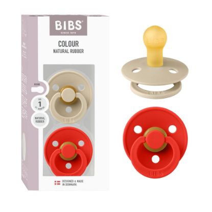 Picture of BIBS Colour Pacifier 2-Pack, BPA Free Dummy Binky, Round Nipple. Natural Rubber Latex, Made in Denmark, Size 1 (0-6 Months), Vanilla/Candy Apple