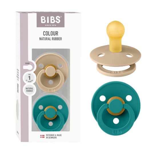 Picture of BIBS Colour Pacifier 2-Pack, BPA Free Binky Pacifier, Round Nipple. Natural Rubber Latex, Made in Denmark, Size 1 (0-6 Months), Taupe/Scuba