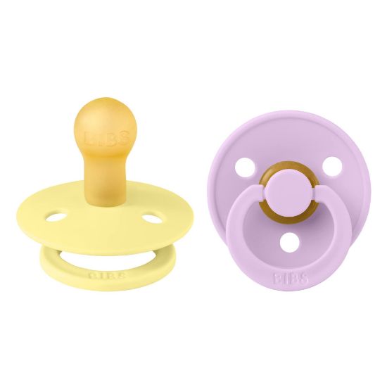 Picture of BIBS Colour Pacifiers 2 Pack BPA Free Cherry Shape Nipple Natural Rubber Latex Size 1 (0-6 Months) Sunshine/Violet Sky