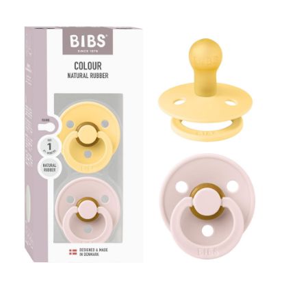 Picture of BIBS Colour Pacifier 2-Pack, BPA Free Dummy Binky, Round Nipple. Natural Rubber Latex, Made in Denmark, Size 1 (0-6 Months), Pale Butter/Petal