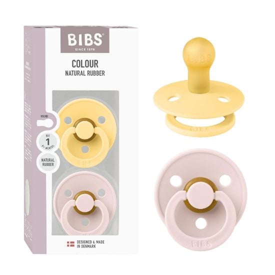 Picture of BIBS Colour Pacifier 2-Pack, BPA Free Dummy Binky, Round Nipple. Natural Rubber Latex, Made in Denmark, Size 1 (0-6 Months), Pale Butter/Petal