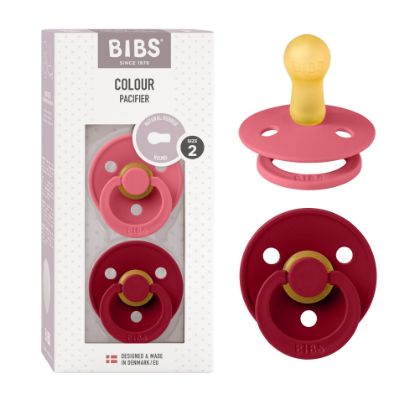 Picture of BIBS Pacifiers Colour Collection | Natural Rubber Baby Pacifier | Set of 2 BPA-Free Soothers | Made in Denmark | 6+ Months (Pack of 2) | Coral/Ruby