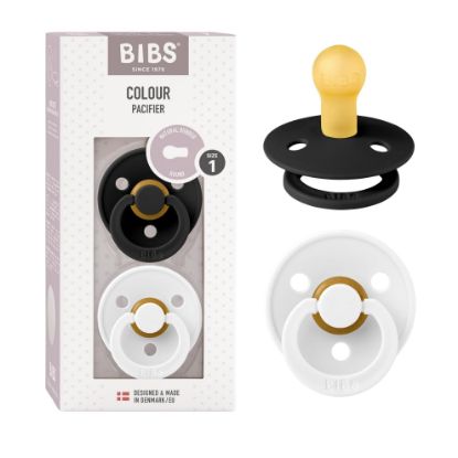 Picture of BIBS Pacifiers Colour Collection | Natural Rubber Baby Pacifier | Set of 2 BPA-Free Soothers | Made in Denmark | 0+ Months (Pack of 2) | Black/White